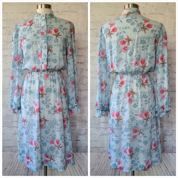 Vintage 1970s Semi Sheer Long Sleeve Blue Pink Floral Print Secretary Dress 12 - Picture 2 of 10